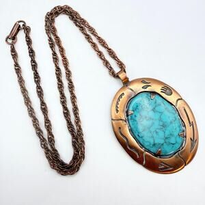 Vtg Bell Trading Post Faux Turquoise Copper Pendant Necklace Southwestern 24"